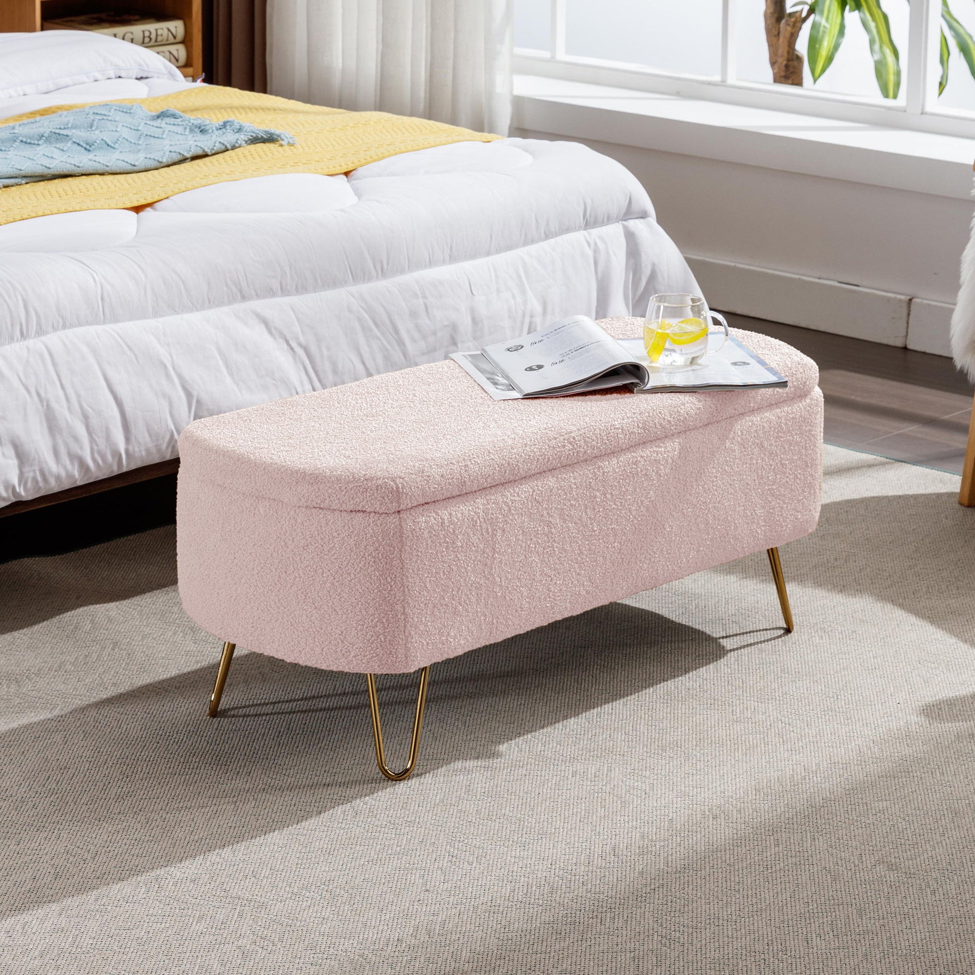 Storage Ottoman Bench For End Of Bed Legs, Modern Camel Faux Fur Entryway Bench Upholstered Padded With Storage For Living Room Bedroom - The Sleep Loft - Online Mattress Showroom NYC