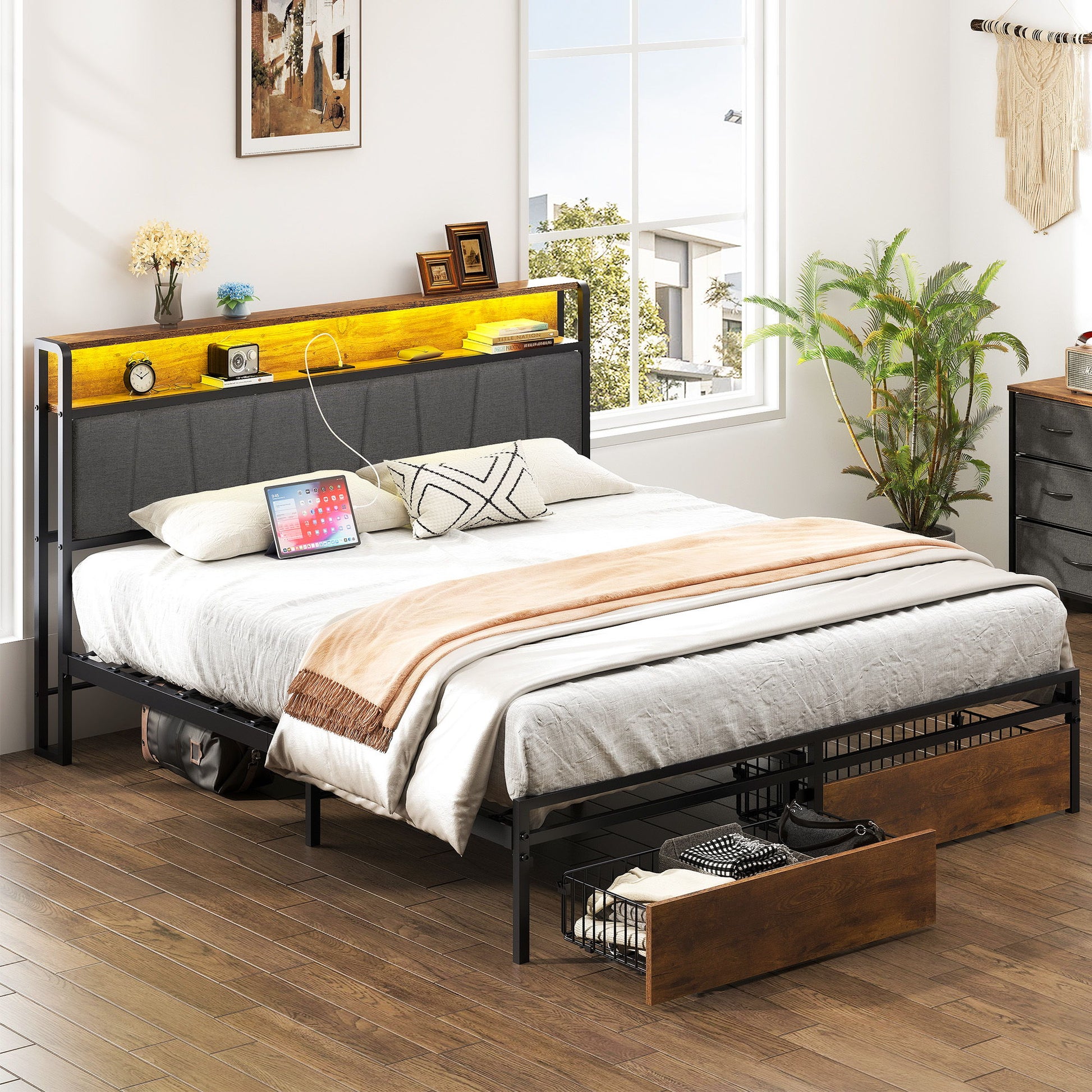 Upholstered Platform Bed Frame With Storage Drawers, USB Ports, LED Lights - The Sleep Loft - Online Mattress Showroom NYC