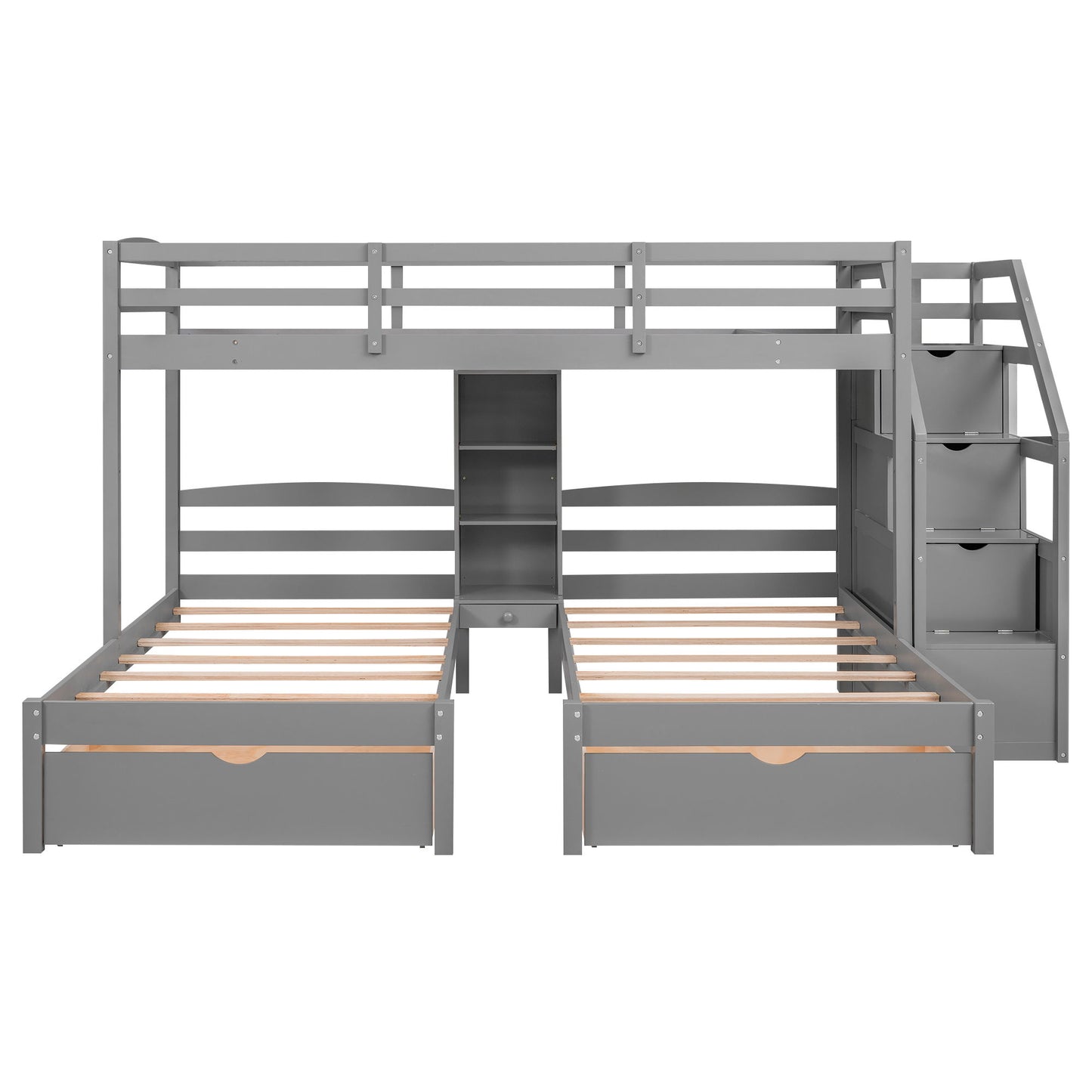 Twin Over Twin & Twin Bunk Bed With Drawers, Staircase Storage, Built In Shelves - Gray - The Sleep Loft - Online Mattress Showroom NYC