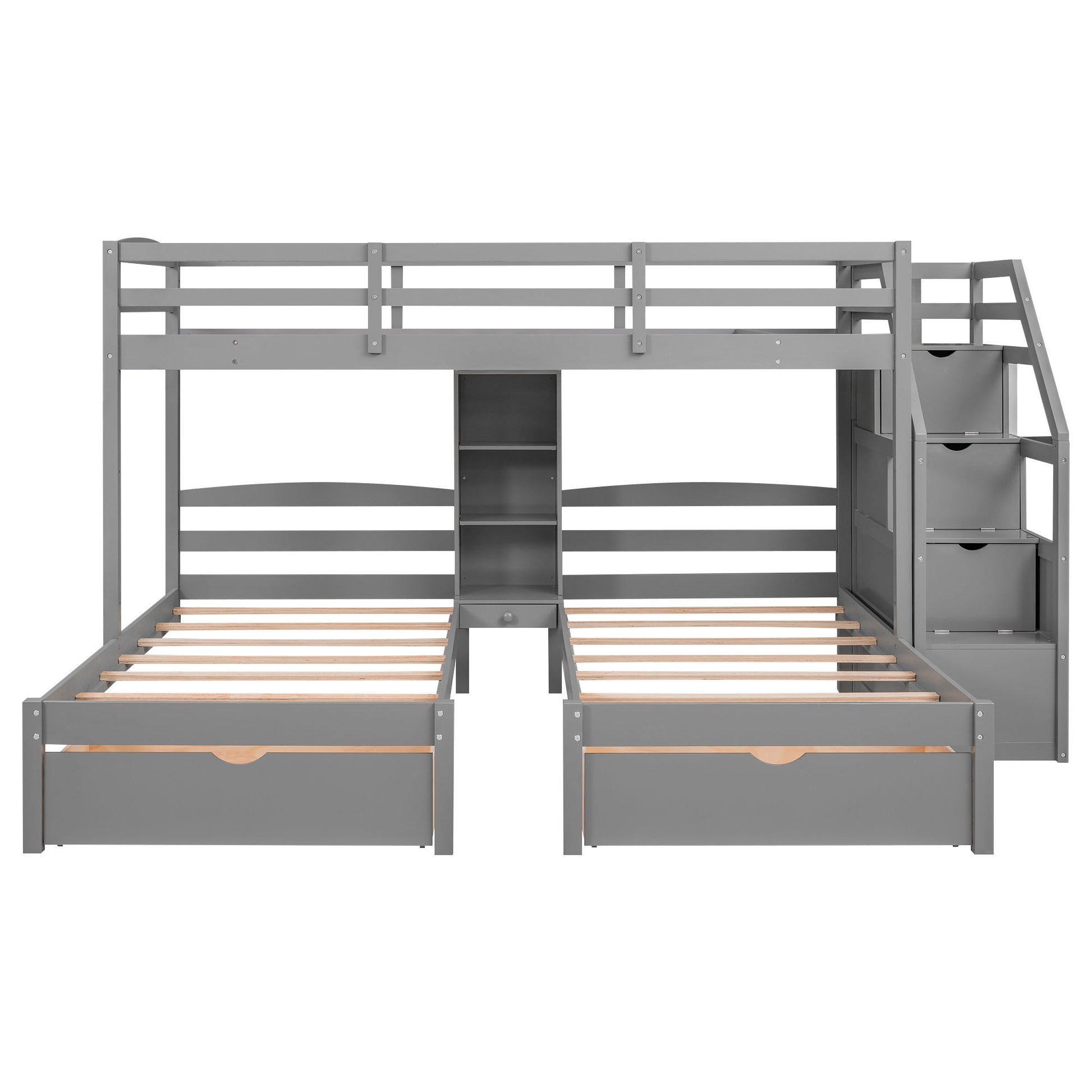 Twin Over Twin & Twin Bunk Bed With Drawers, Staircase Storage, Built In Shelves - Gray - The Sleep Loft - Online Mattress Showroom NYC