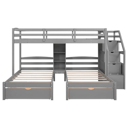 Twin Over Twin & Twin Bunk Bed With Drawers, Staircase Storage, Built In Shelves - Gray - The Sleep Loft - Online Mattress Showroom NYC