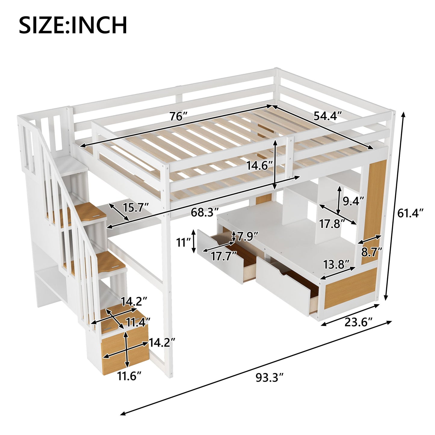 Full Size Loft Bed With Desk And Shelves, 2 Built In Drawers, Storage Staircase - Natural / White - The Sleep Loft - Online Mattress Showroom NYC
