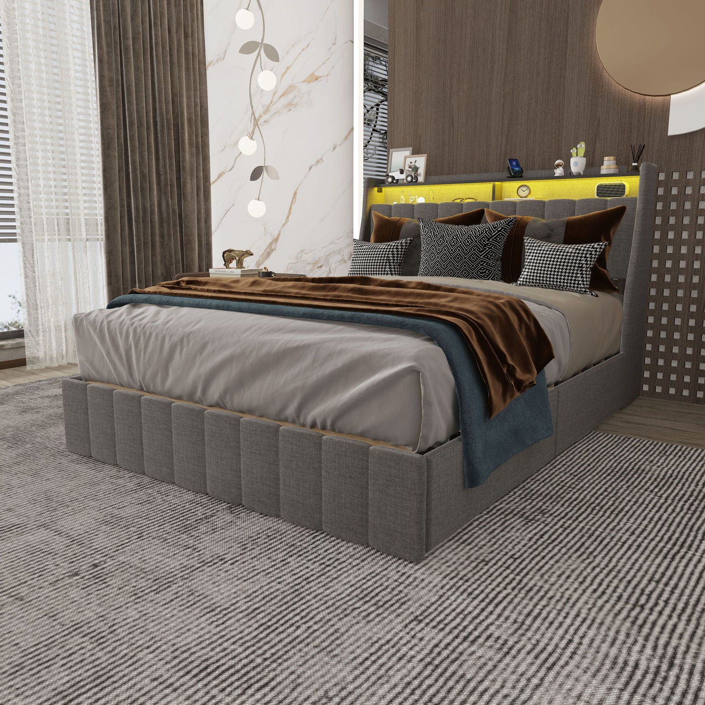 Bed With LED Lights, 4 Drawers, Winged Headboard Upholstered - The Sleep Loft - Online Mattress Showroom NYC