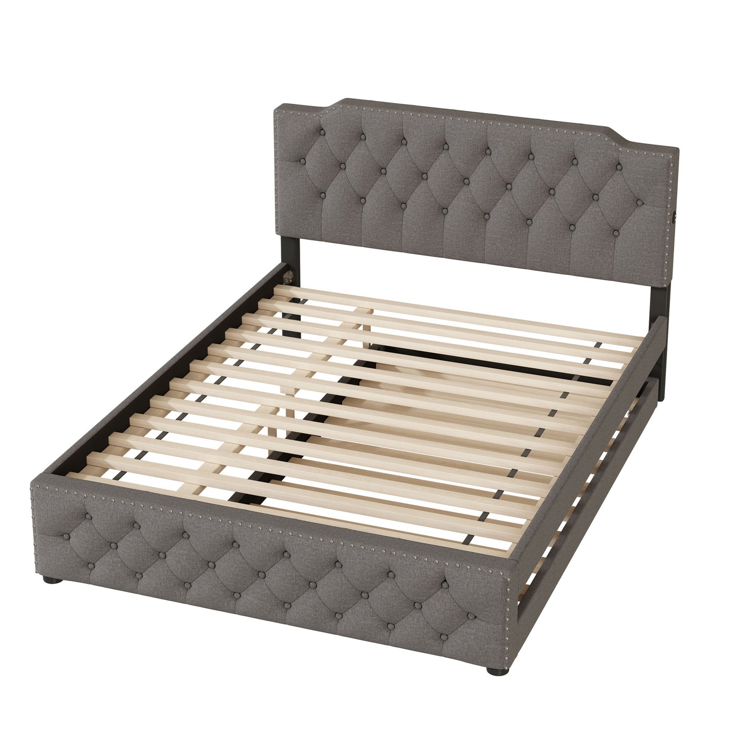 Upholstered Platform Bed With Trundle And 2 Sets Of USB Ports On Each Side, Linen Fabric - The Sleep Loft - Online Mattress Showroom NYC