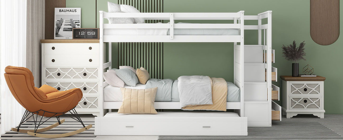 Twin Over Twin Bunk Bed With Trundle And Staircase - White - The Sleep Loft - Online Mattress Showroom NYC