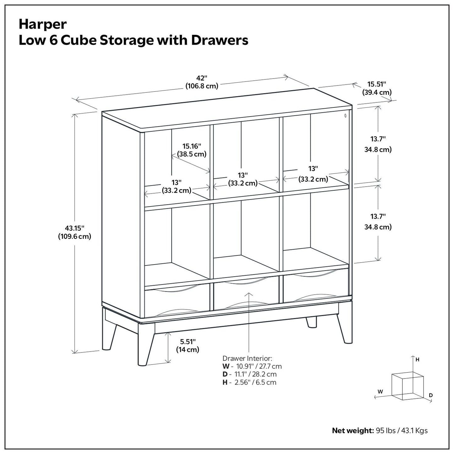 Harper - Low 6 Cube Storage With Drawers - Walnut Brown - The Sleep Loft - Online Mattress Showroom NYC