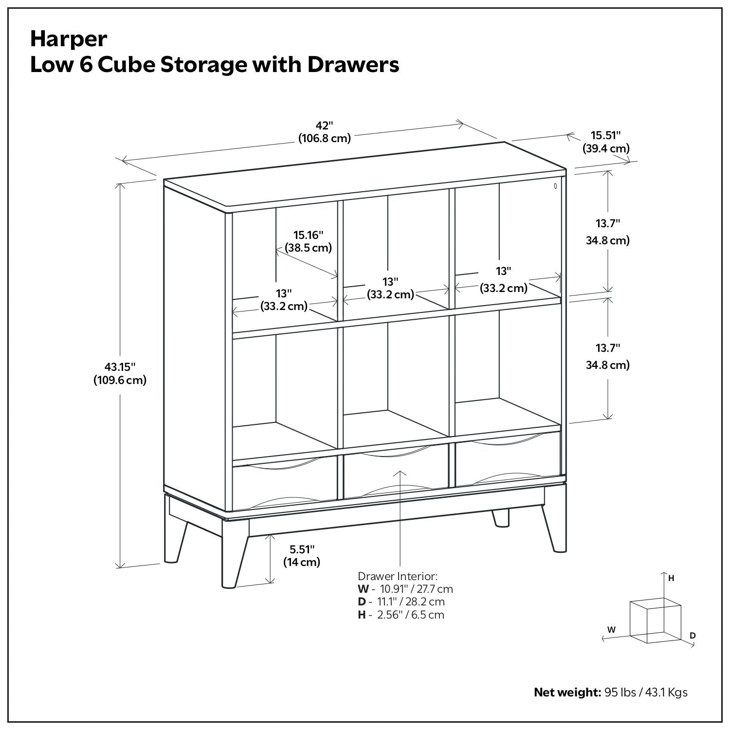 Harper - Low 6 Cube Storage With Drawers - Walnut Brown - The Sleep Loft - Online Mattress Showroom NYC
