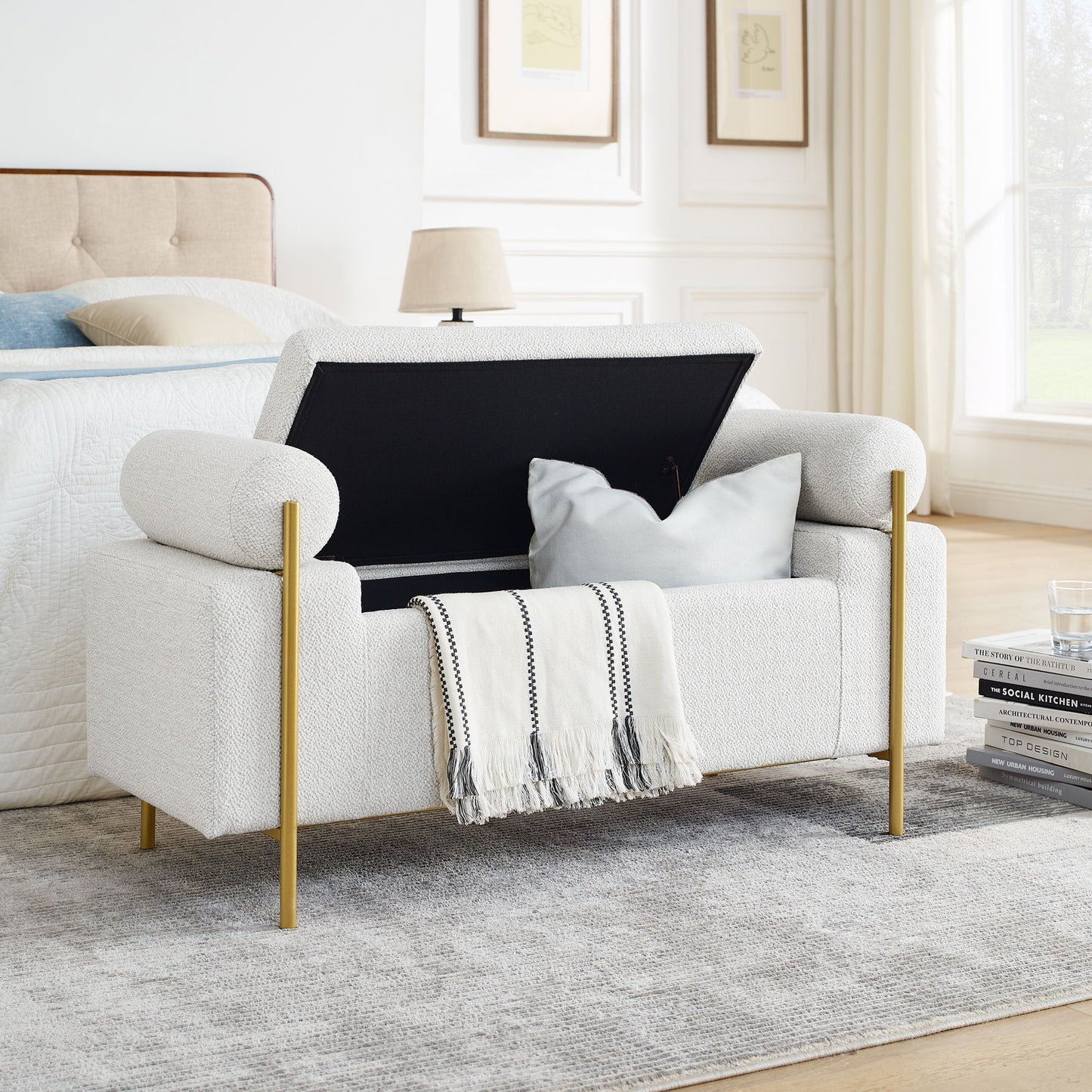 Elegant Upholstered Storage Bench With Cylindrical Arms And Iron Legs, - The Sleep Loft - Online Mattress Showroom NYC