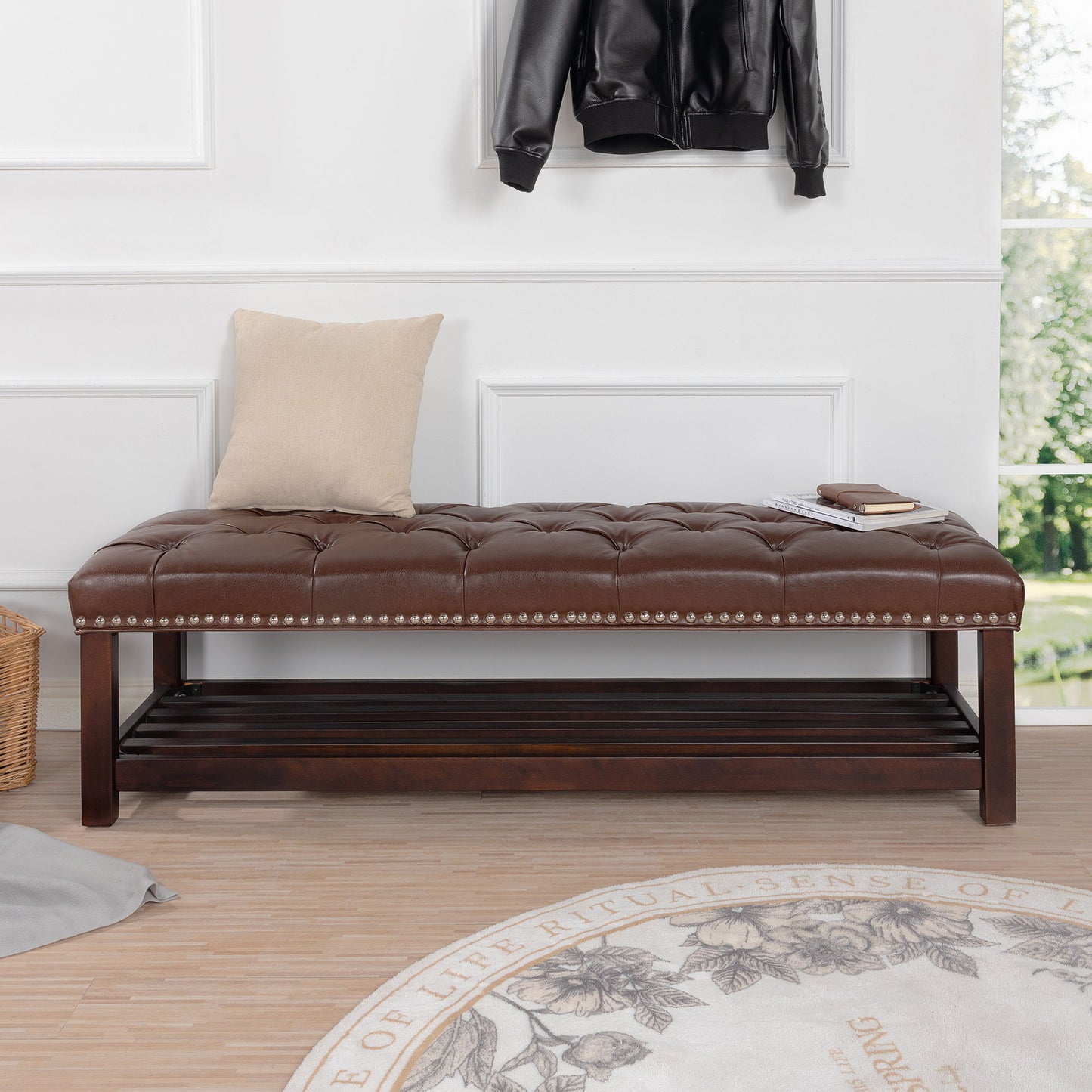Bedroom End Of Bed Bench Tufted Upholstered End Of Bed Bench End Of Bed Entrance Shoe Bench With Nailhead Trim And Shelf Bedroom Upholstered Bench Living Room Shoe Rack Footstool - The Sleep Loft - Online Mattress Showroom NYC