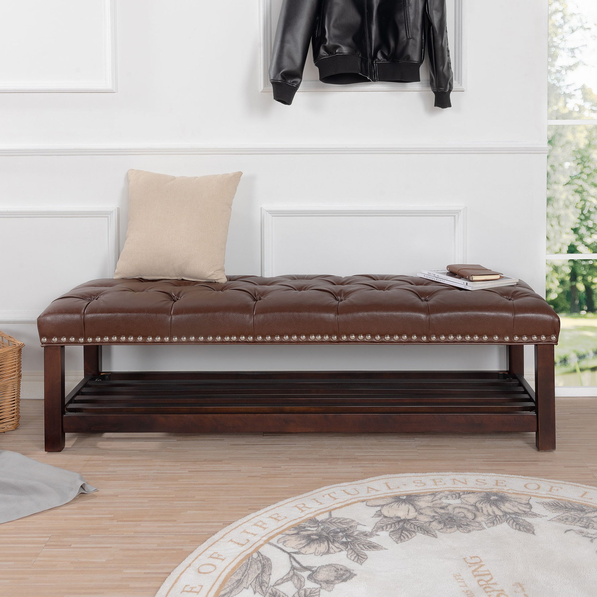 Bedroom End Of Bed Bench Tufted Upholstered End Of Bed Bench End Of Bed Entrance Shoe Bench With Nailhead Trim And Shelf Bedroom Upholstered Bench Living Room Shoe Rack Footstool - The Sleep Loft - Online Mattress Showroom NYC