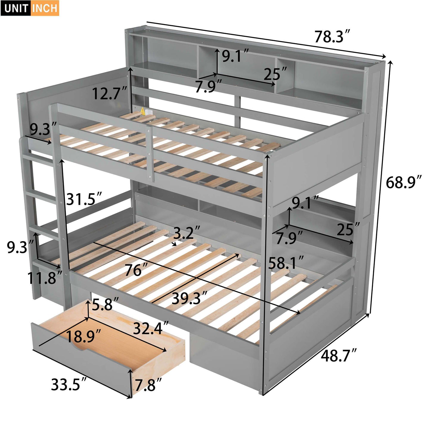Twin Size Bunk Bed With Built-In Shelves Beside Both Upper And Down Bed And Storage Drawer - The Sleep Loft - Online Mattress Showroom NYC