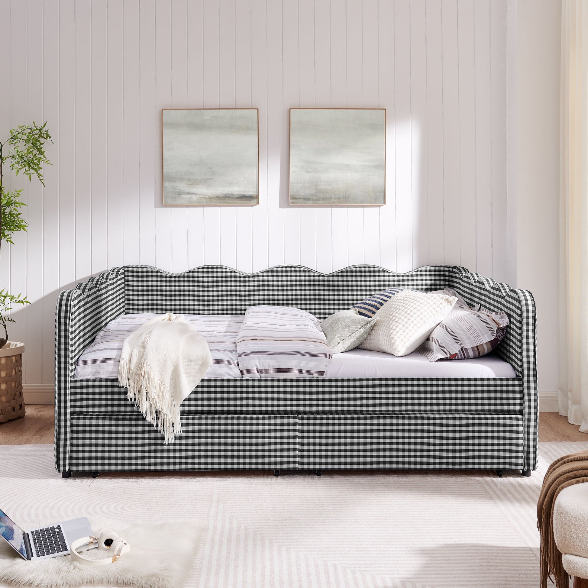 Gingham Daybed With USB Charging Port, Wave-Shaped Design - The Sleep Loft - Online Mattress Showroom NYC