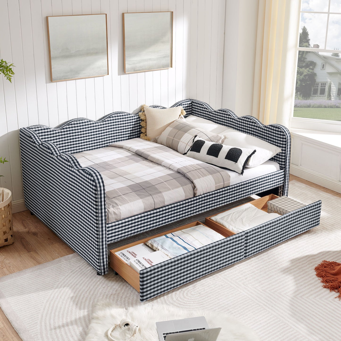 Gingham Daybed With USB Charging Port, Wave-Shaped Design - The Sleep Loft - Online Mattress Showroom NYC