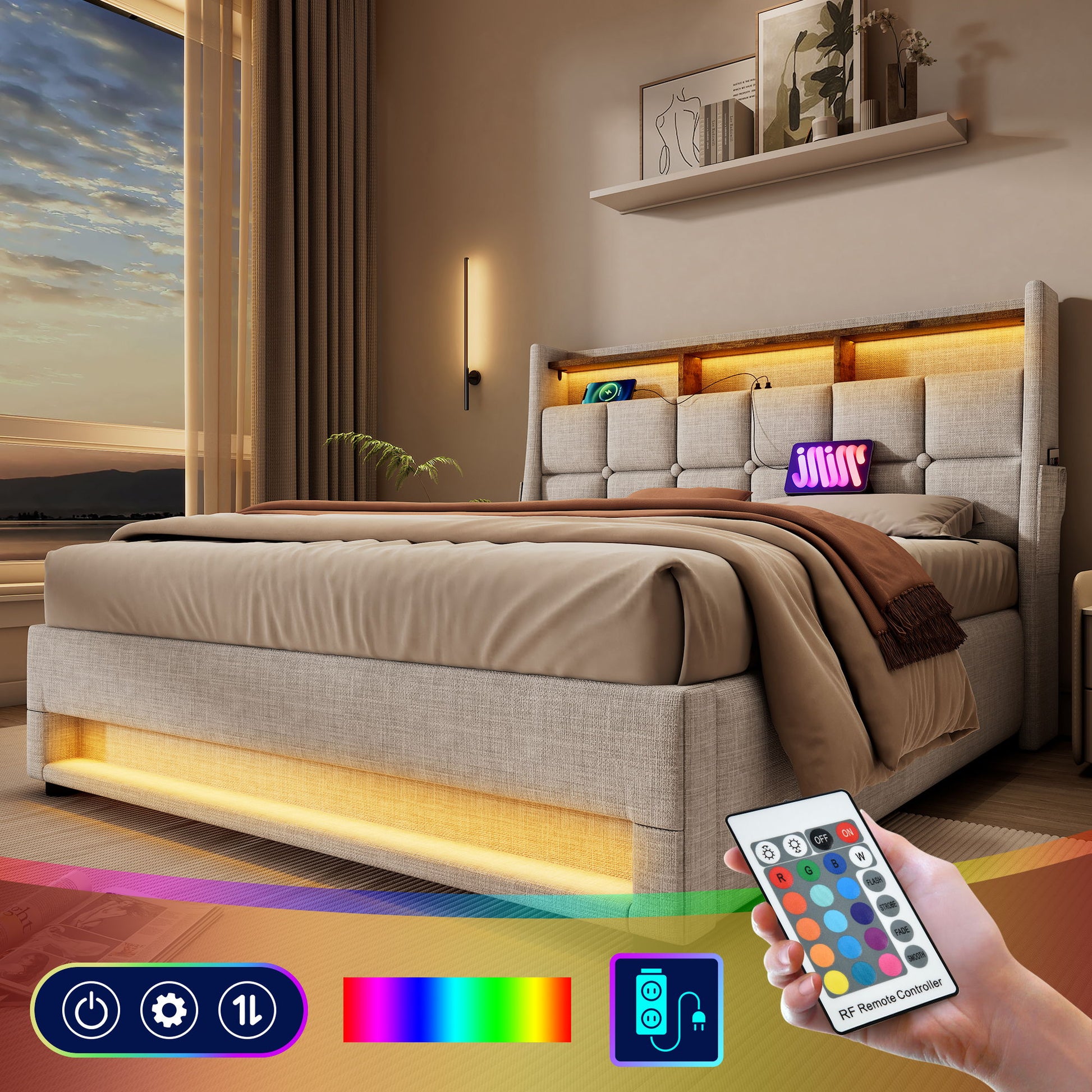 Upholstered Platform Bed With A Hydraulic Storage System, LED And USB Charging (Without Mattress) - The Sleep Loft - Online Mattress Showroom NYC