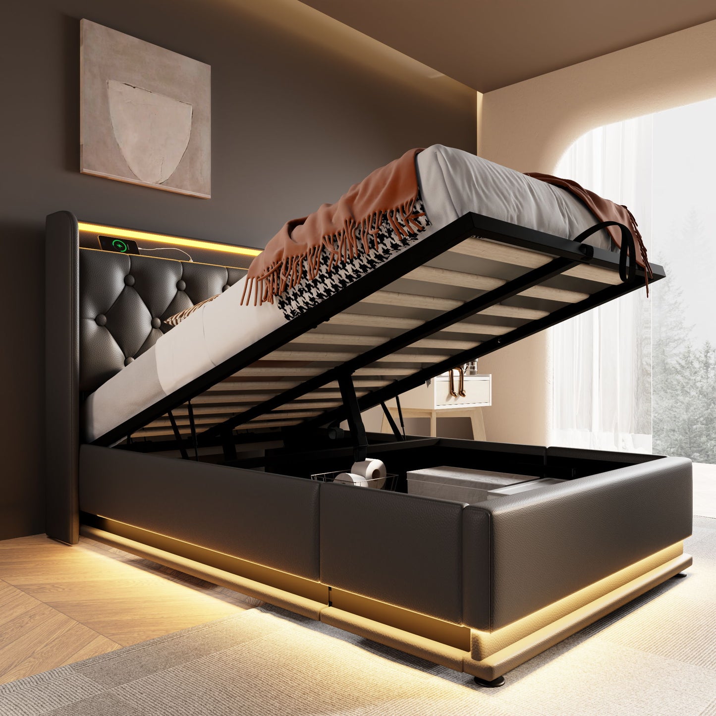 Upholstered Bed, 360 Surround LED Function, Remote Control, Hydraulic Storage Bed With USB, Type-C Charging (Without Mattress) - The Sleep Loft - Online Mattress Showroom NYC