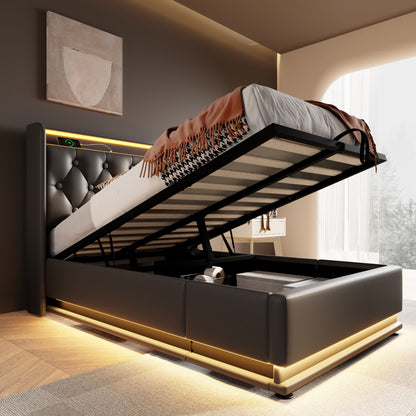 Upholstered Bed, 360 Surround LED Function, Remote Control, Hydraulic Storage Bed With USB, Type-C Charging (Without Mattress) - The Sleep Loft - Online Mattress Showroom NYC