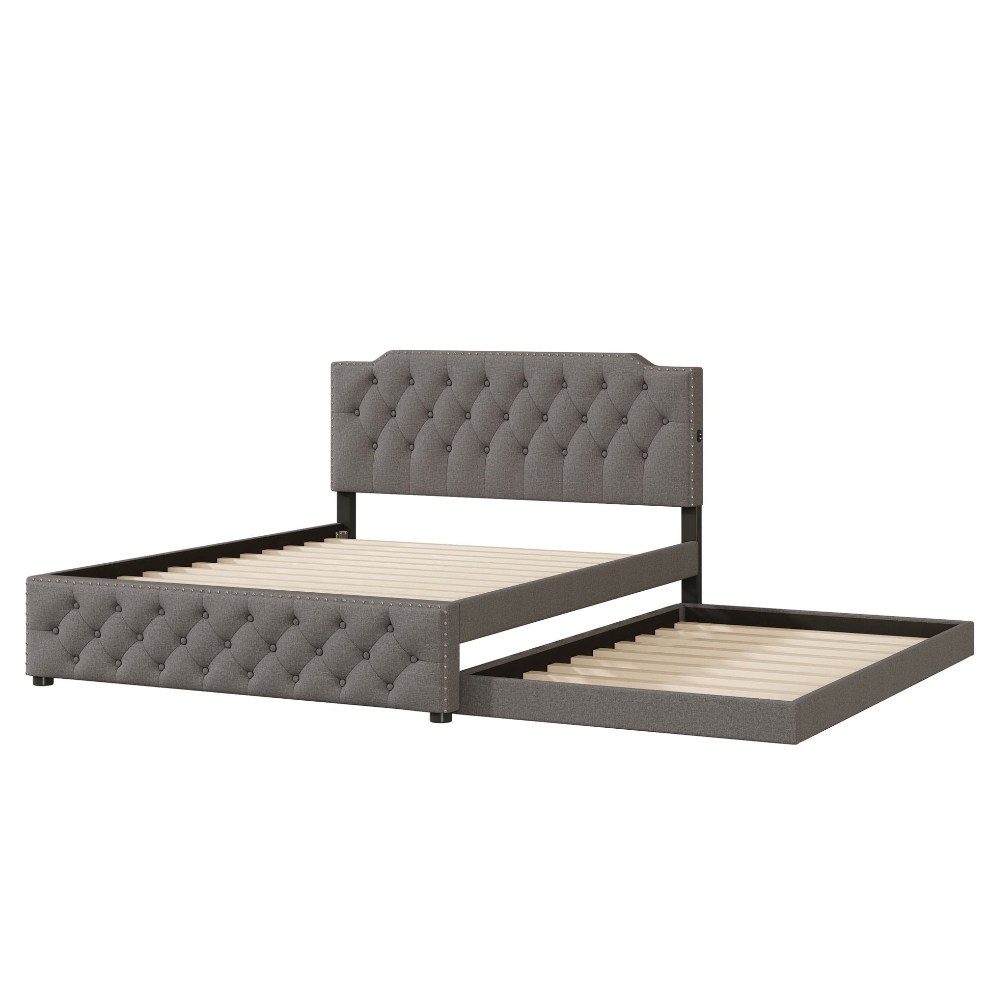 Upholstered Platform Bed With Trundle And 2 Sets Of USB Ports On Each Side, Linen Fabric - The Sleep Loft - Online Mattress Showroom NYC
