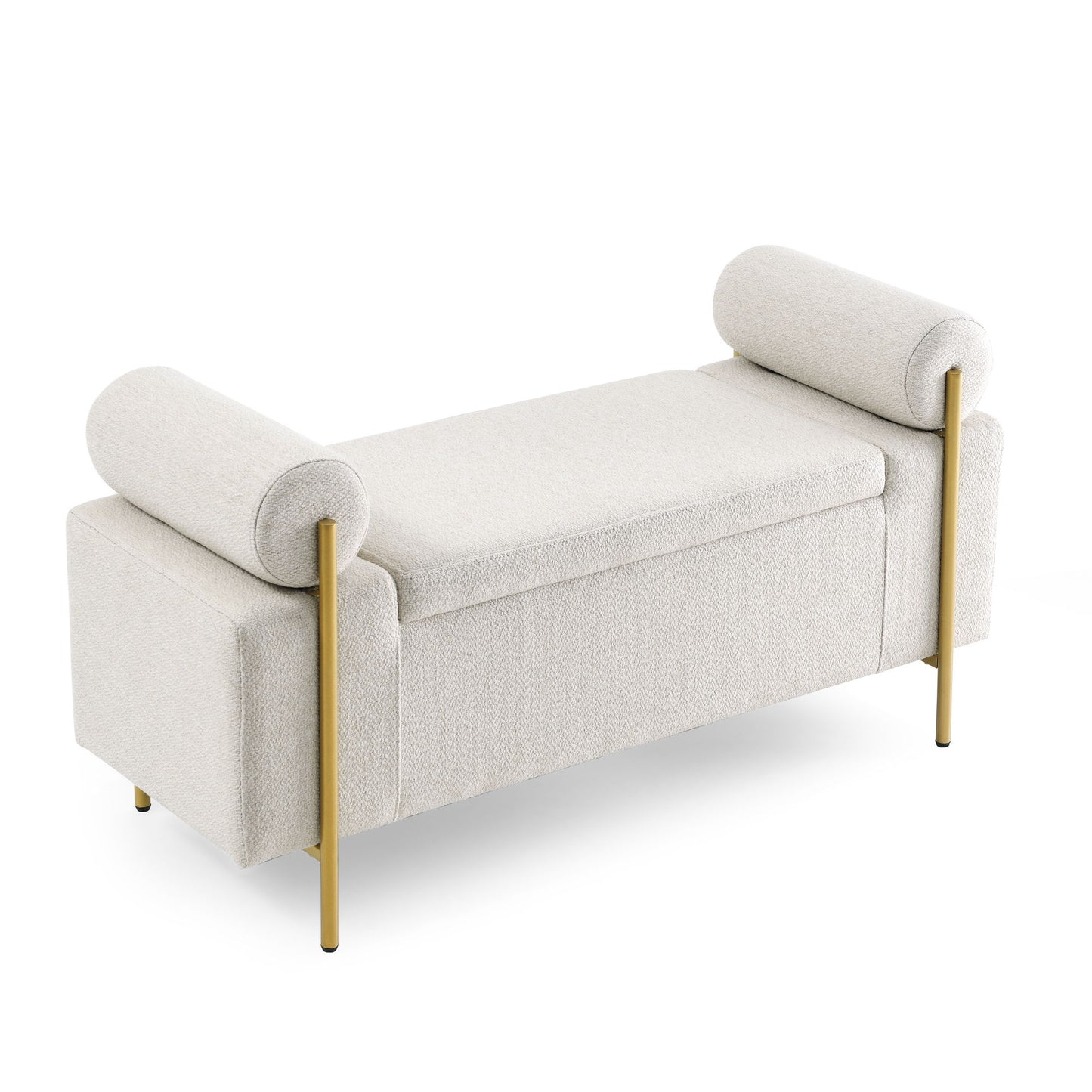 Elegant Upholstered Storage Bench With Cylindrical Arms And Iron Legs, - The Sleep Loft - Online Mattress Showroom NYC