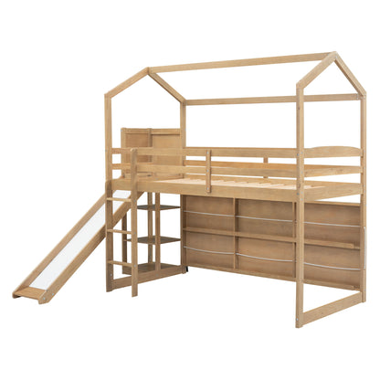 House Loft Bed With Slide, Storage Shelves And Light, Climbing Ramp - The Sleep Loft - Online Mattress Showroom NYC