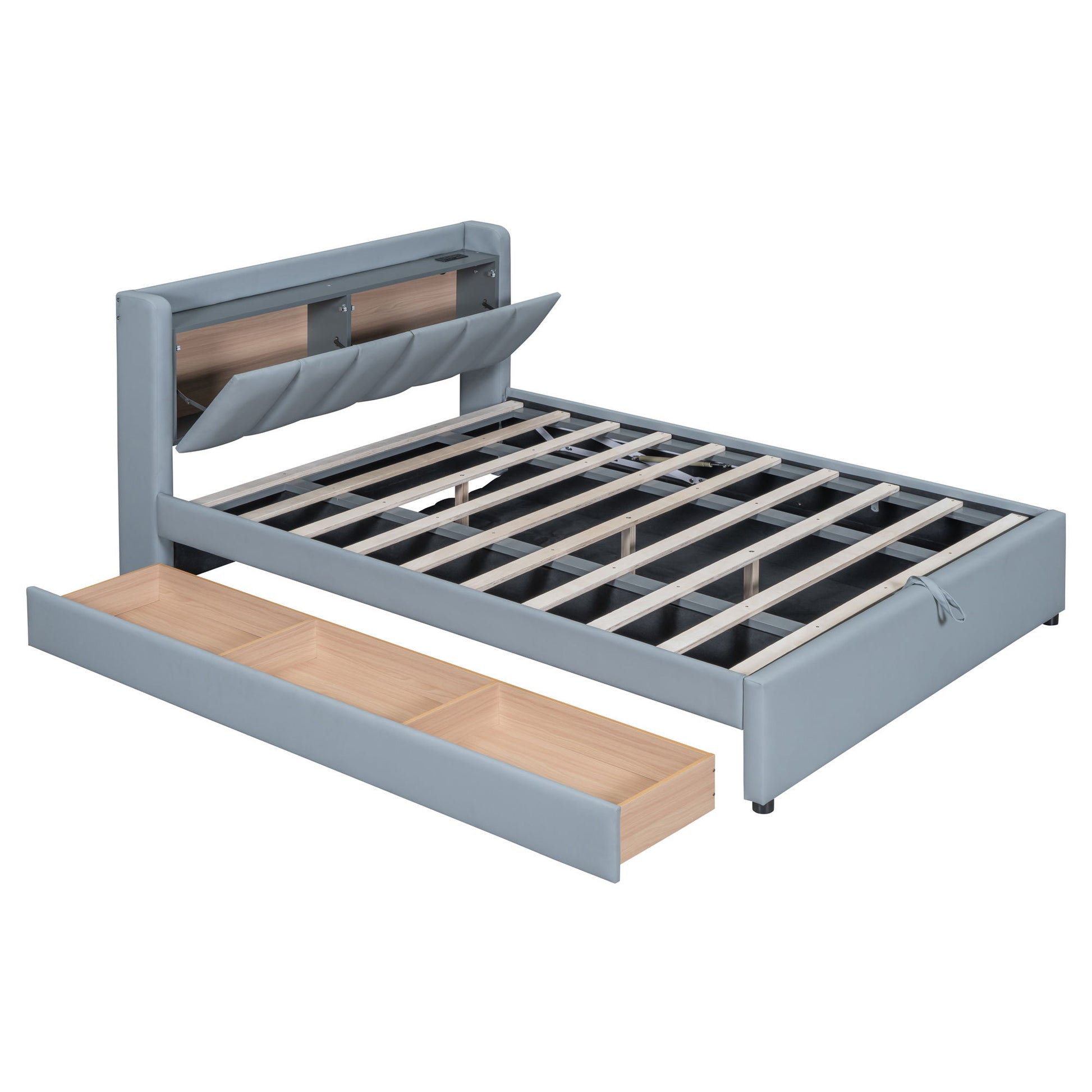Upholstered Mother & Child Bed With Hydraulic Storage System, Drawer Box, Bedhead Storage Shelf And 2 Pairs Of Sockets & USB Ports - The Sleep Loft - Online Mattress Showroom NYC