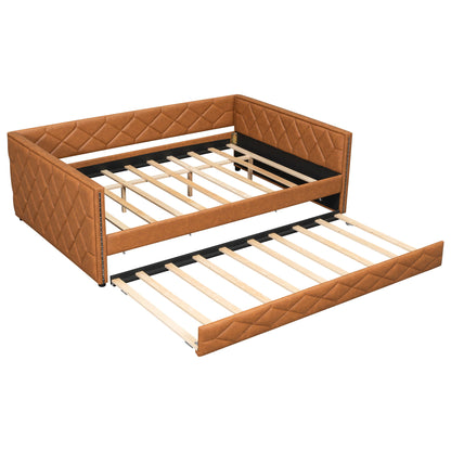 Upholstered Full Long Daybed With Trundle And LED Armrests - Brown - The Sleep Loft - Online Mattress Showroom NYC