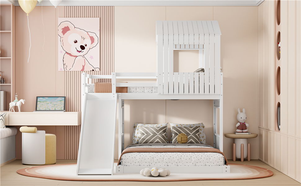 Loft Bunk Bed With Playhouse, Farmhouse, Ladder, Slide And Guardrails - The Sleep Loft - Online Mattress Showroom NYC