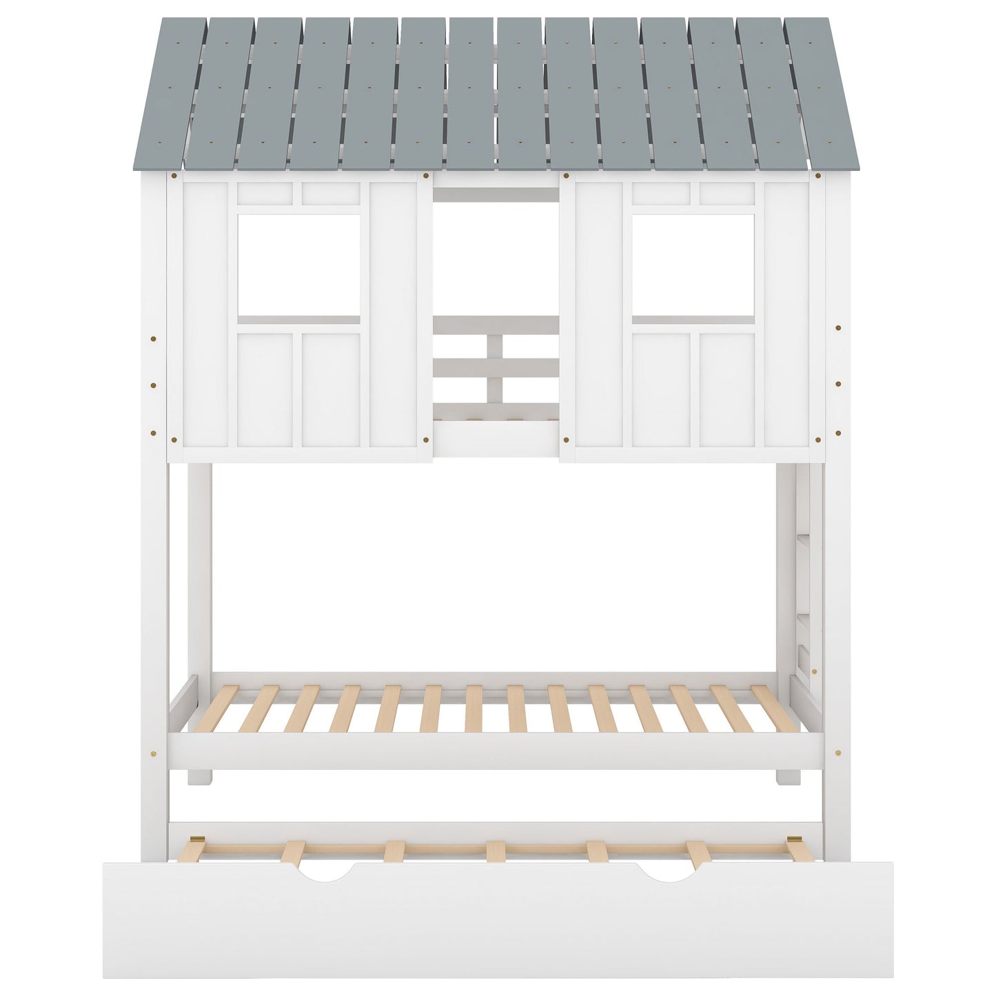 Twin Size House Bunk Bed With Trundle, Roof And Windows - White / Gray - The Sleep Loft - Online Mattress Showroom NYC