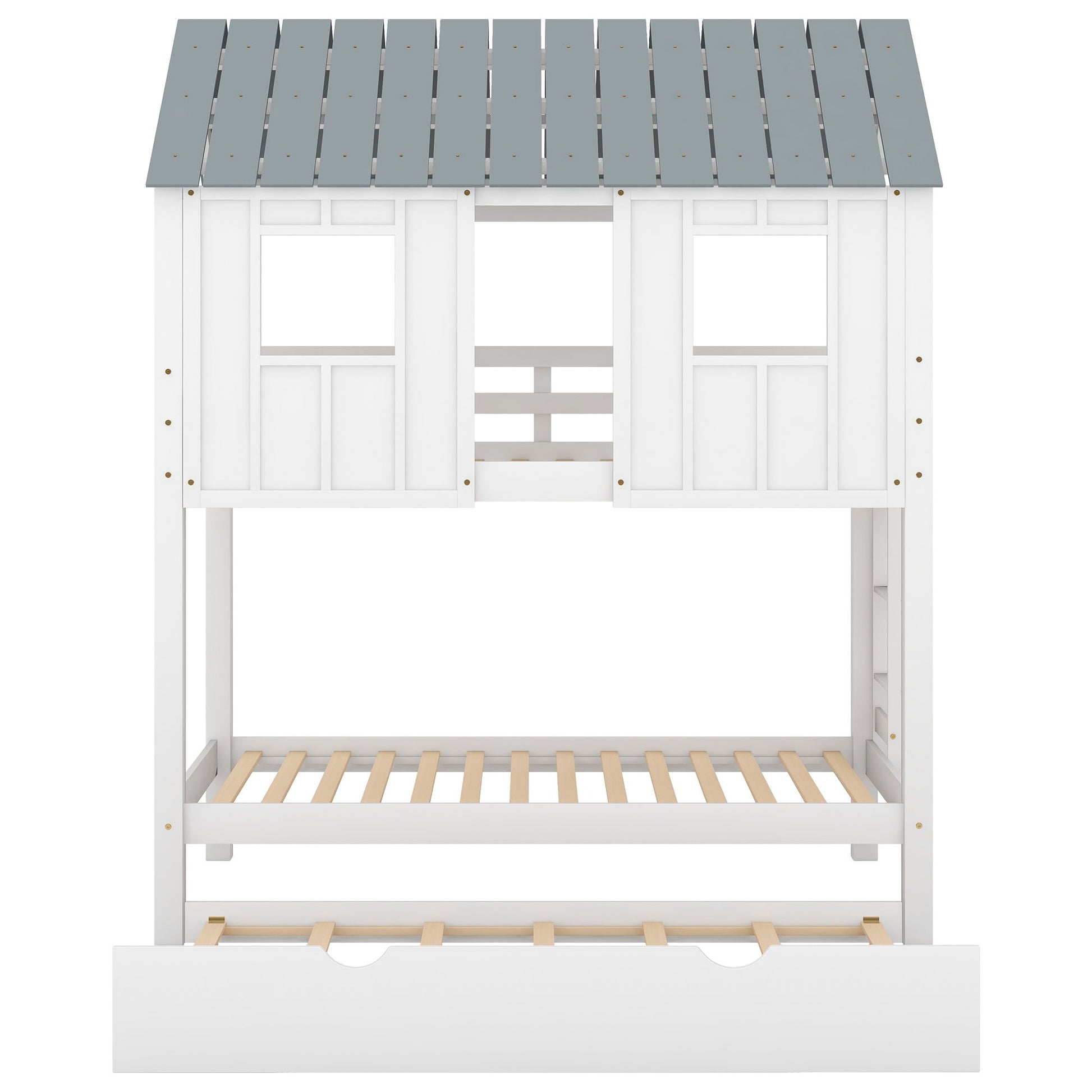 Twin Size House Bunk Bed With Trundle, Roof And Windows - White / Gray - The Sleep Loft - Online Mattress Showroom NYC
