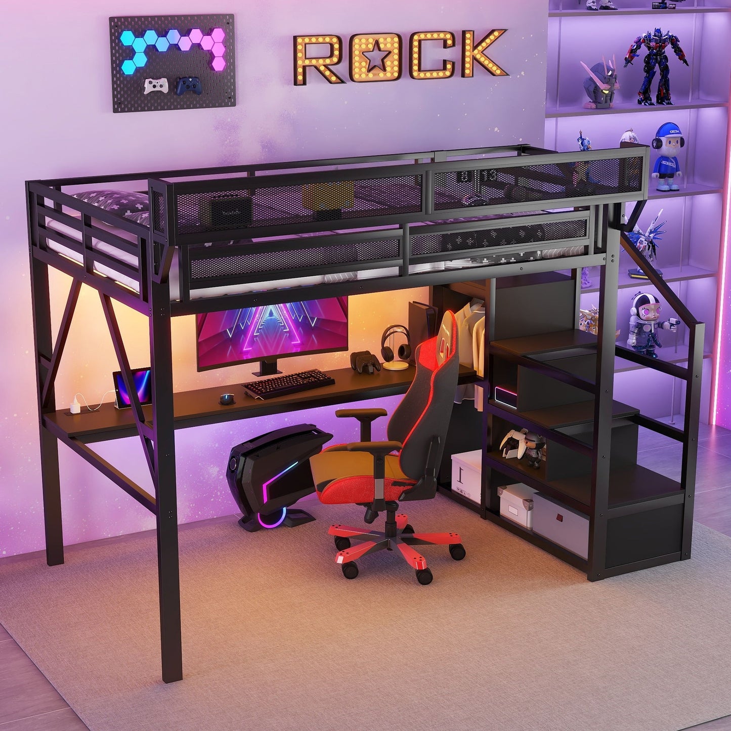 Loft Bed With Desk And Charging Station With Stairs And Light - The Sleep Loft - Online Mattress Showroom NYC