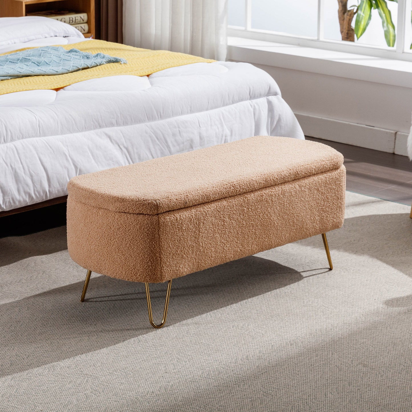 Storage Ottoman Bench For End Of Bed Legs, Modern Camel Faux Fur Entryway Bench Upholstered Padded With Storage For Living Room Bedroom - The Sleep Loft - Online Mattress Showroom NYC