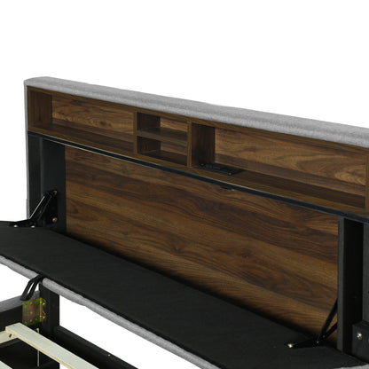 Upholstered Platform Bed With Storage Headboard, Trundle & 2 Drawers And A Set Of Sockets & USB Ports - The Sleep Loft - Online Mattress Showroom NYC