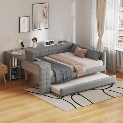 Upholstered Platform Bed With Storage Shelves, Desk, Charging Station And Trundle - The Sleep Loft - Online Mattress Showroom NYC