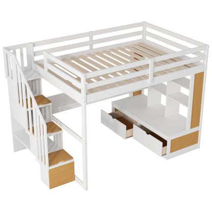 Full Size Loft Bed With Desk And Shelves, 2 Built In Drawers, Storage Staircase - Natural / White - The Sleep Loft - Online Mattress Showroom NYC