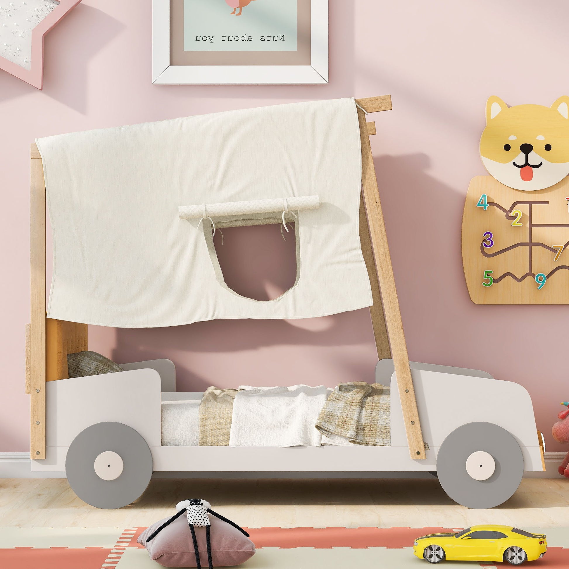 Twin Size Car Bed With Pillow, Ceiling Cloth And LED - Natural - The Sleep Loft - Online Mattress Showroom NYC