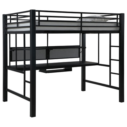 Ranier - Full Workstation Loft Bed, Full Length Desk, Safety Rails And Storage Shelves - Black - The Sleep Loft - Online Mattress Showroom NYC