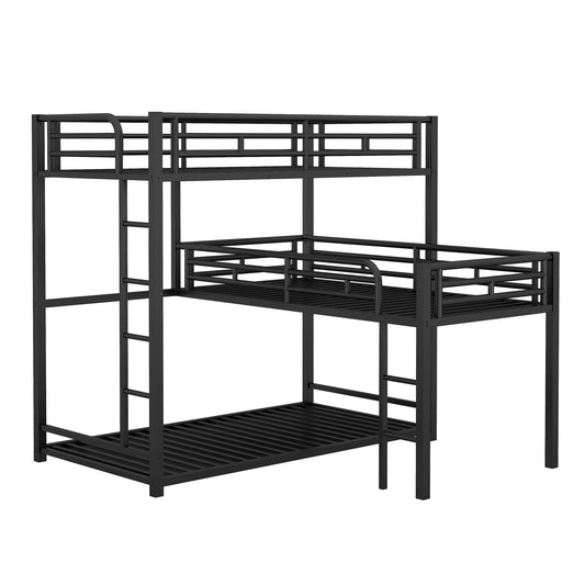L-Shaped Triple Twin Size Bunk Bed, Industrial Design With Integrated Ladder And Full Length Guardrails - Black - The Sleep Loft - Online Mattress Showroom NYC