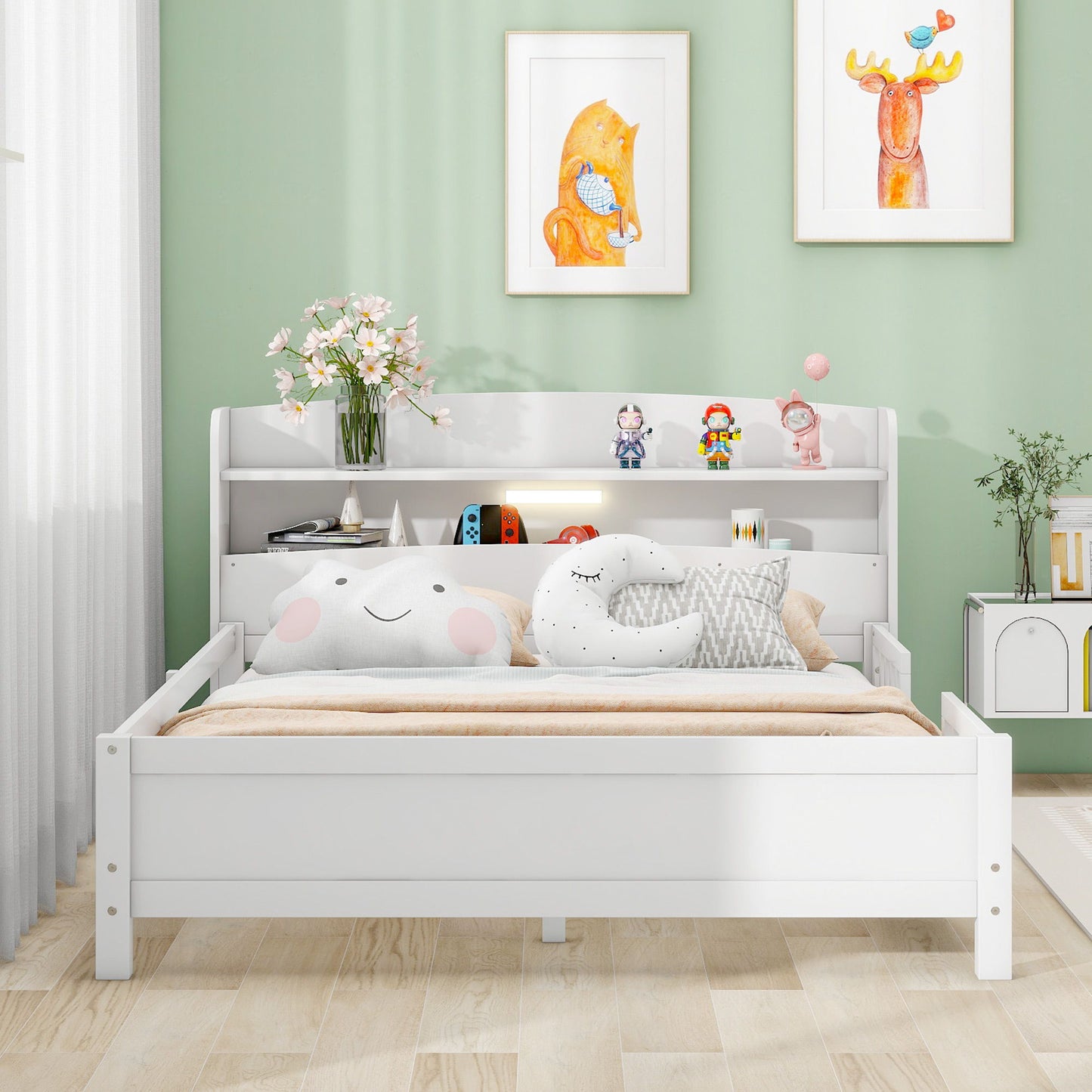 Wood Platform Bed With Built In LED Light, Storage Headboard And Guardrail - The Sleep Loft - Online Mattress Showroom NYC