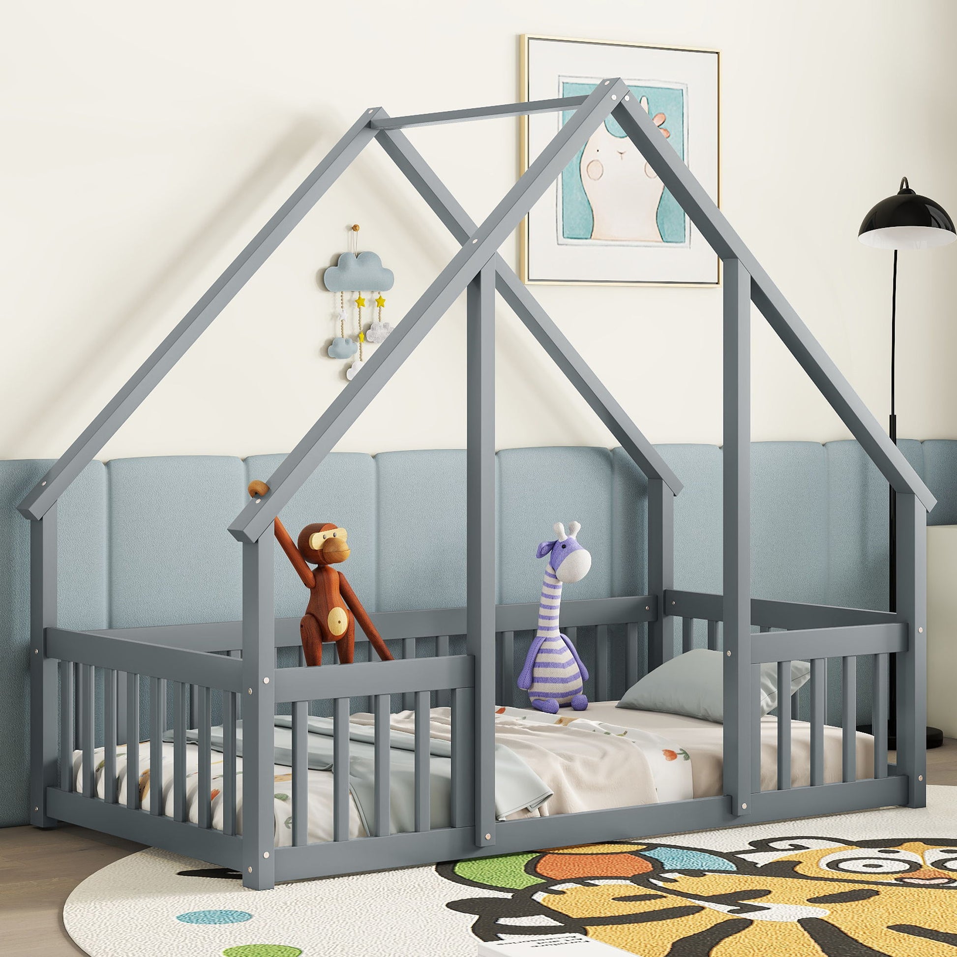 Wood House-Shaped Floor Bed With Fence, Guardrails - The Sleep Loft - Online Mattress Showroom NYC