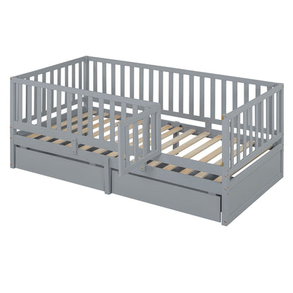 Daybed With Fence Guardrails And 2 Drawers, Split Into Independent Floor Bed & Daybed - The Sleep Loft - Online Mattress Showroom NYC