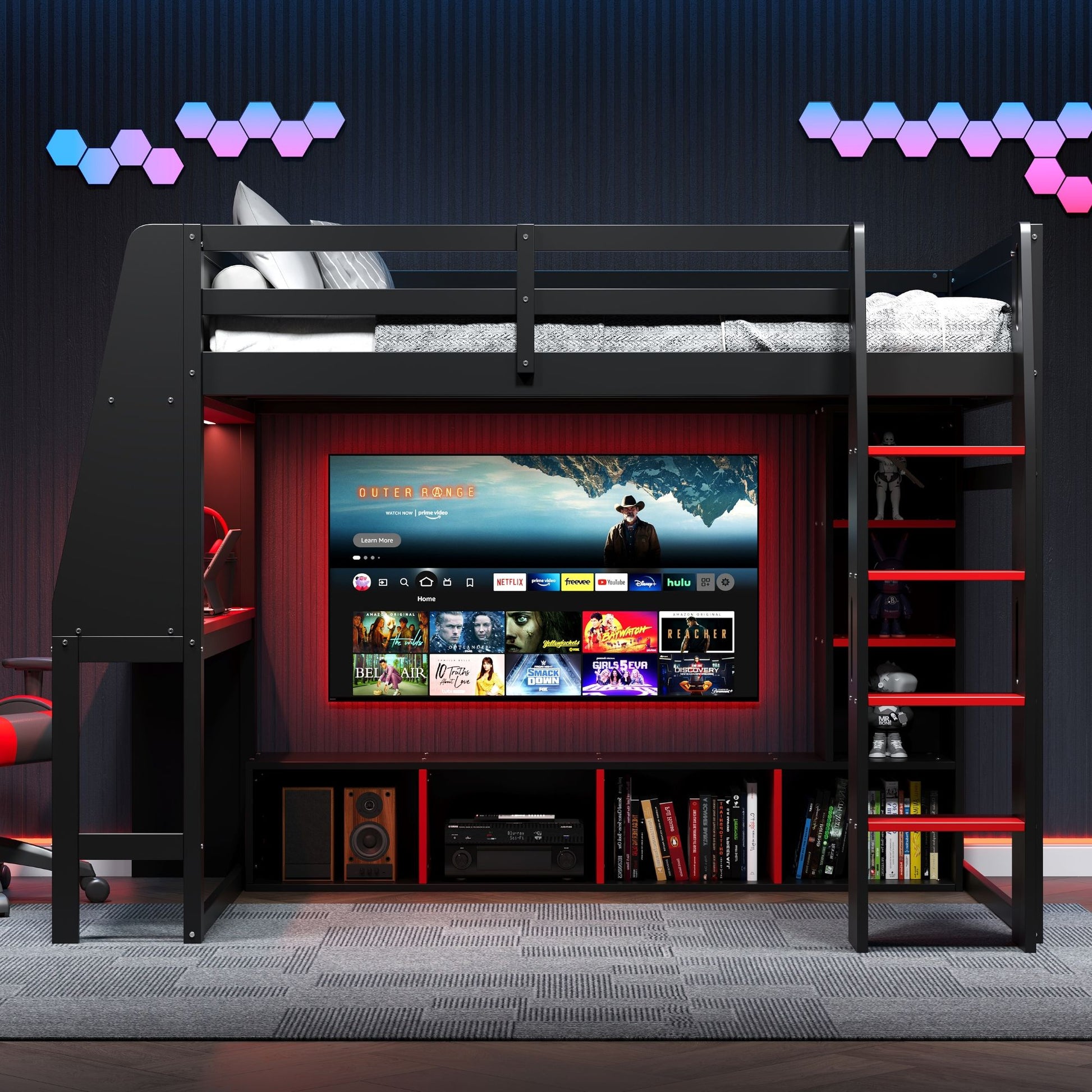 Gaming Loft Bed With Desk, Multi Storage Shelves, LED Lighting, And Hanging Clothes Rack - The Sleep Loft - Online Mattress Showroom NYC