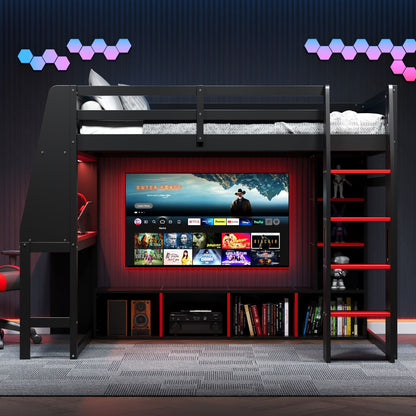 Gaming Loft Bed With Desk, Multi Storage Shelves, LED Lighting, And Hanging Clothes Rack - The Sleep Loft - Online Mattress Showroom NYC