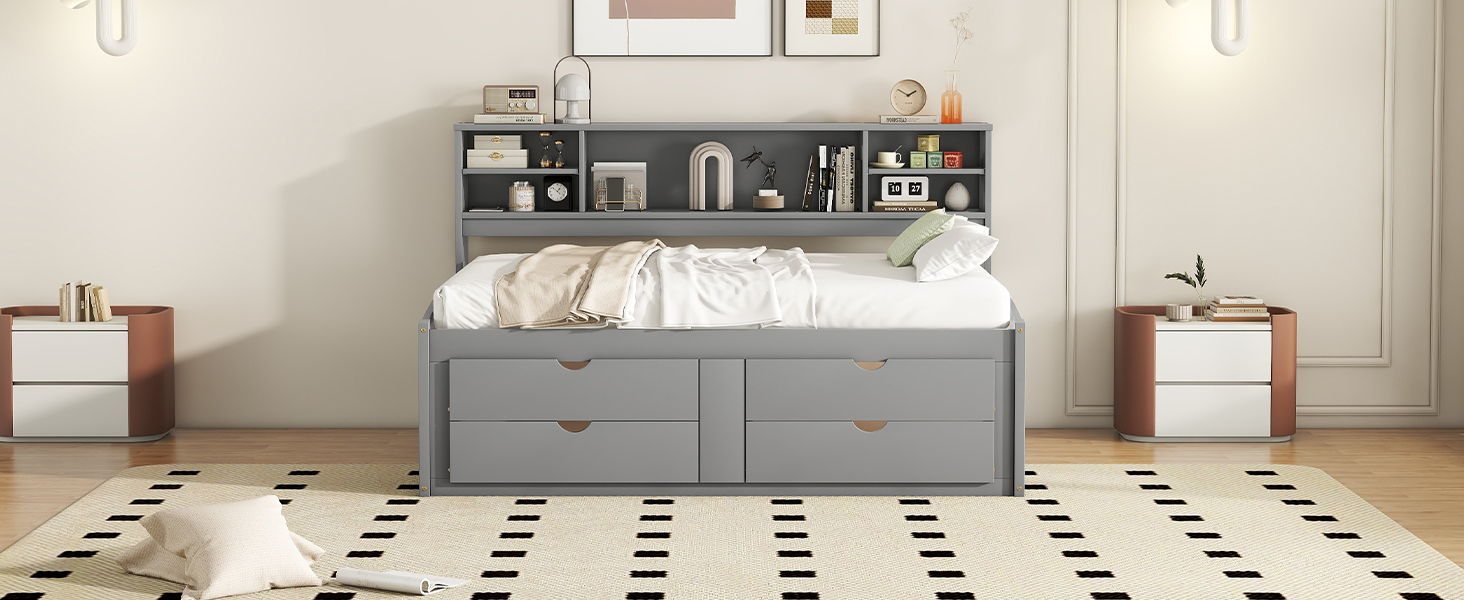 Daybed With 2 Bedside Cabinets, Upper Shelves And 4 Drawers - The Sleep Loft - Online Mattress Showroom NYC