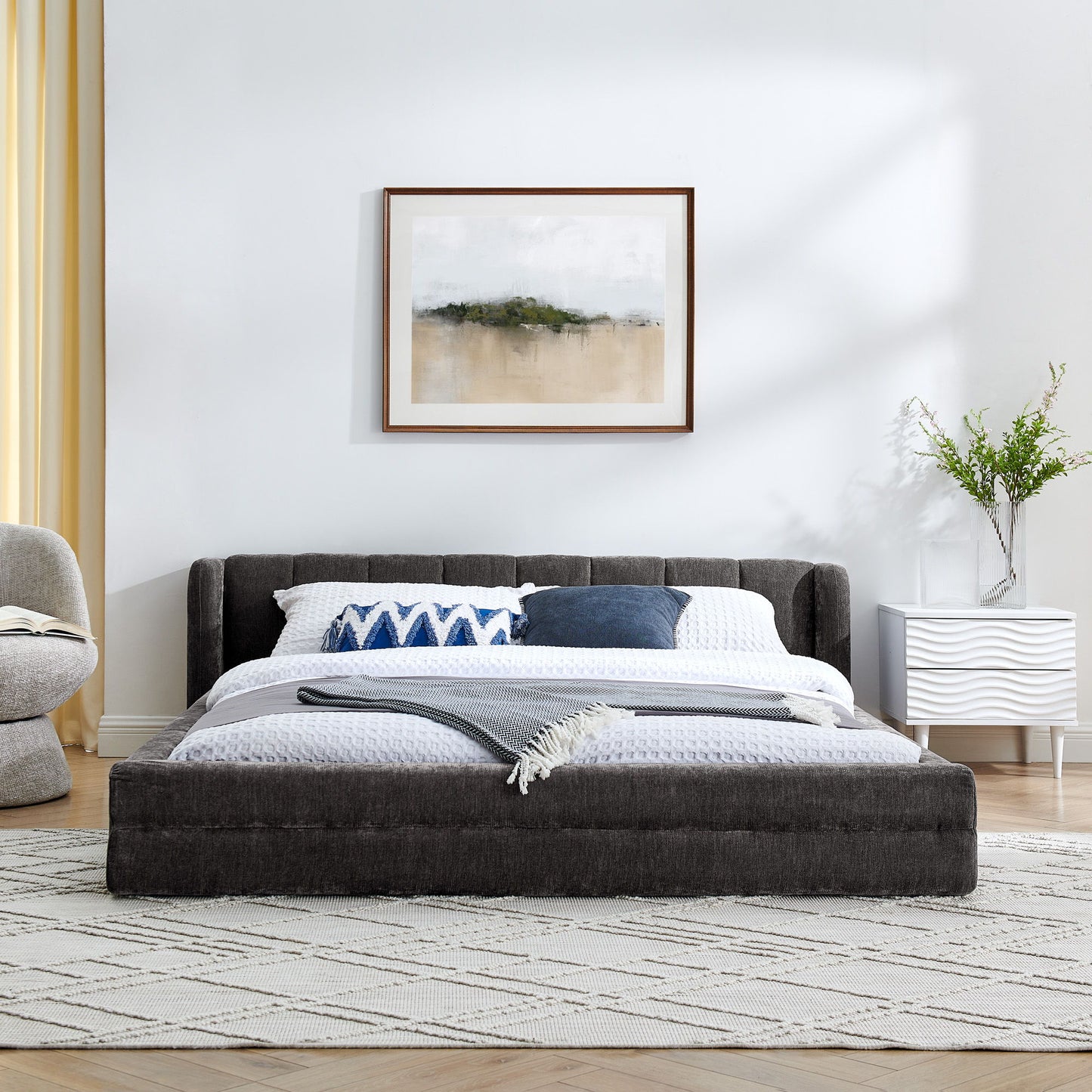 Modern Upholstered Bed Frame With Thick Fabric And Headboard - The Sleep Loft - Online Mattress Showroom NYC
