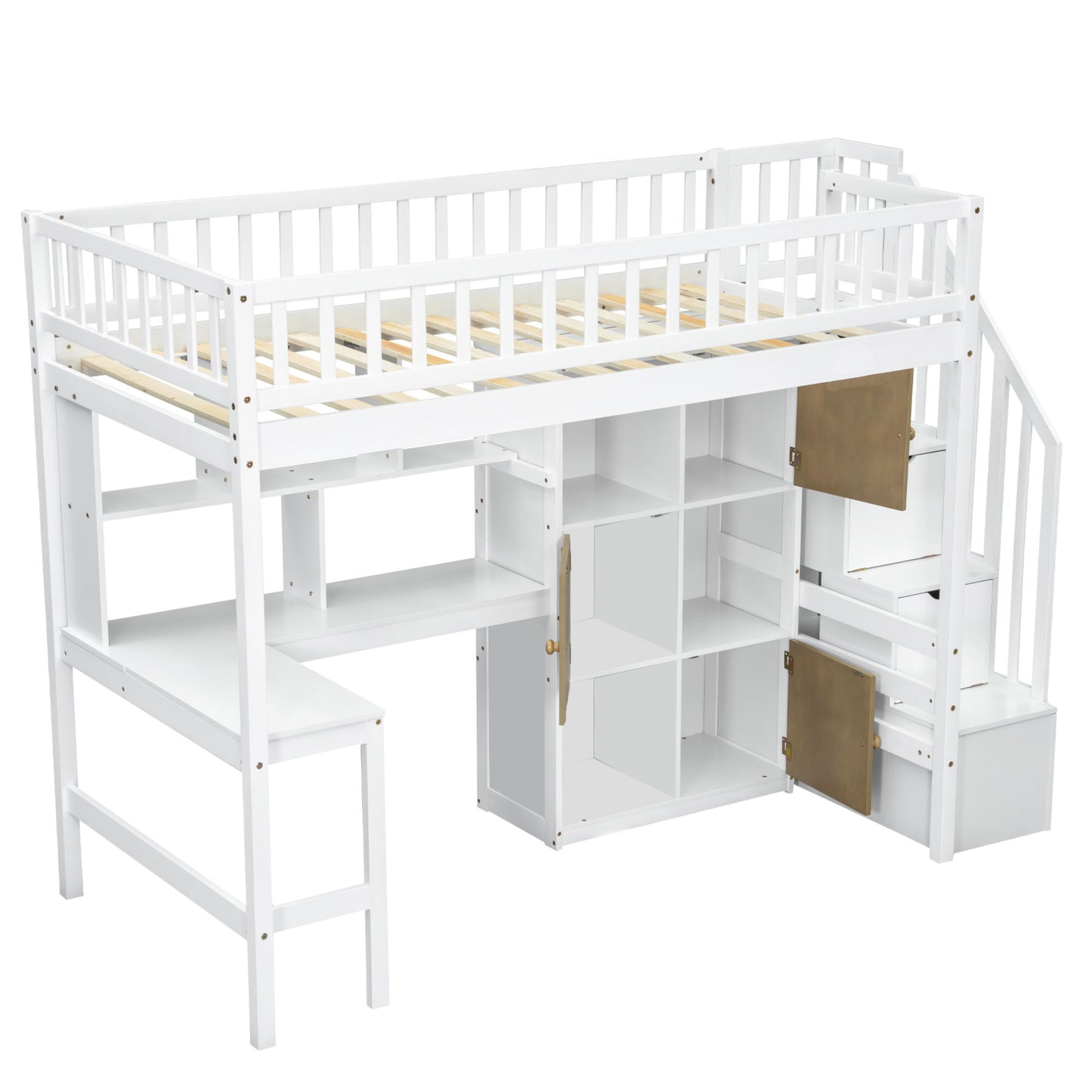 Loft Bed With Built In L Shaped Desk, LED Lights, Storage Shelves, Cabinets, And Staircase - The Sleep Loft - Online Mattress Showroom NYC