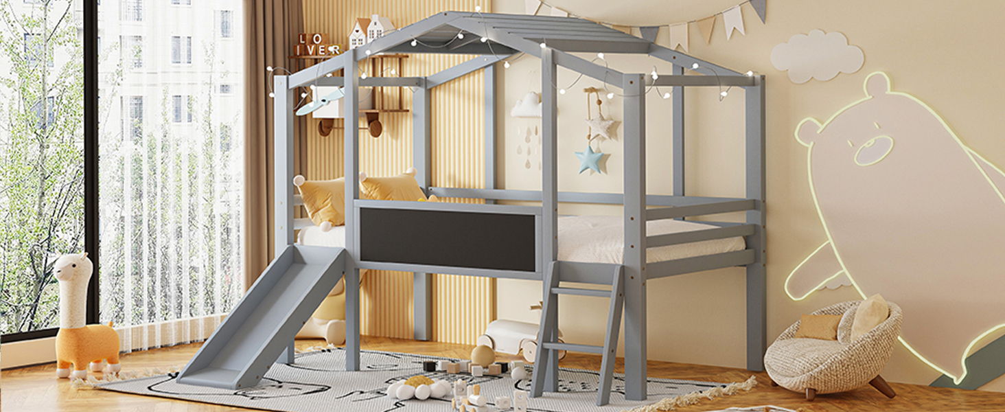 Loft House Bed With Ladder And Slide, With board And Light Strip On The Roof - The Sleep Loft - Online Mattress Showroom NYC