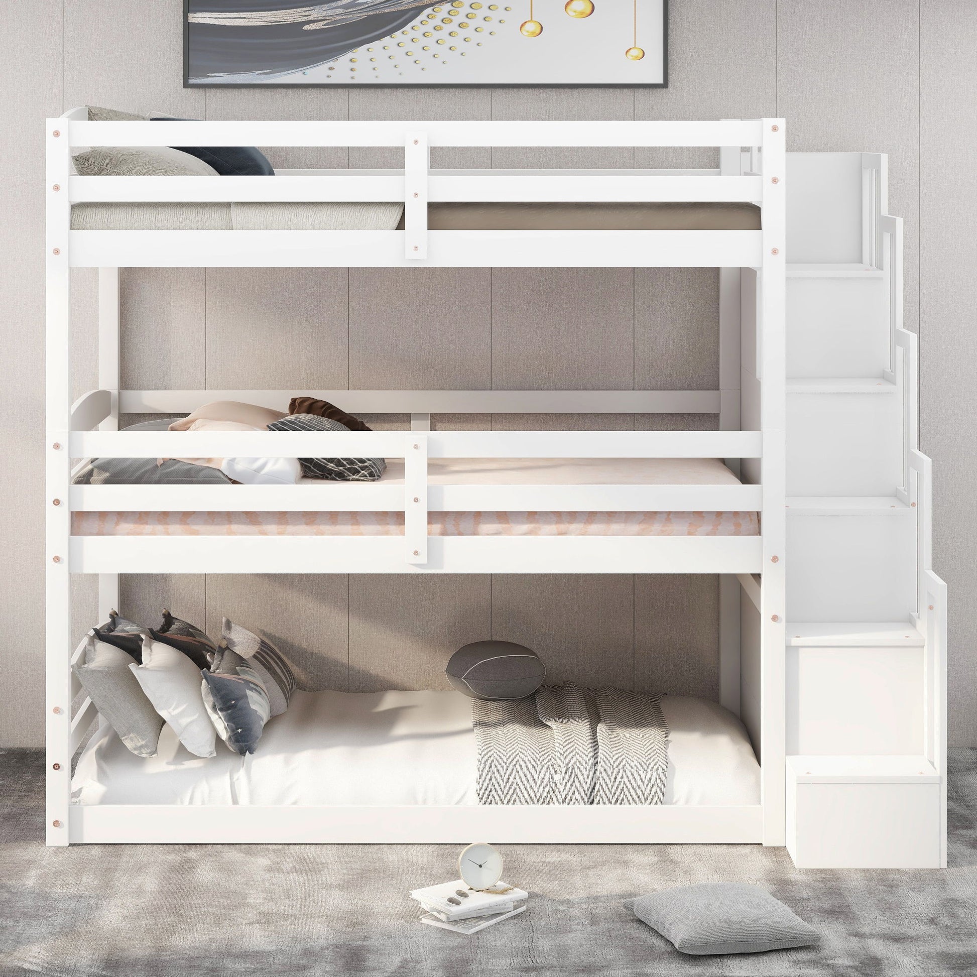 Twin Size Triple Bunk Bed With Storage Staircase, Separate Design - White - The Sleep Loft - Online Mattress Showroom NYC
