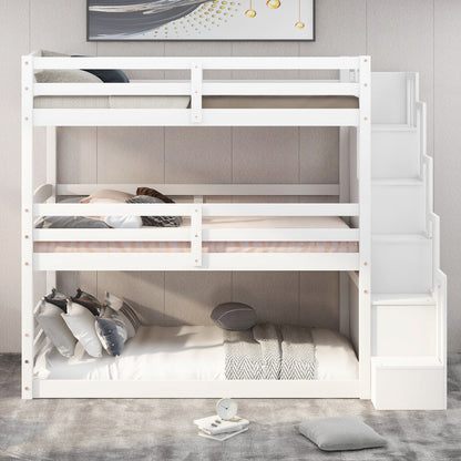 Twin Size Triple Bunk Bed With Storage Staircase, Separate Design - White - The Sleep Loft - Online Mattress Showroom NYC