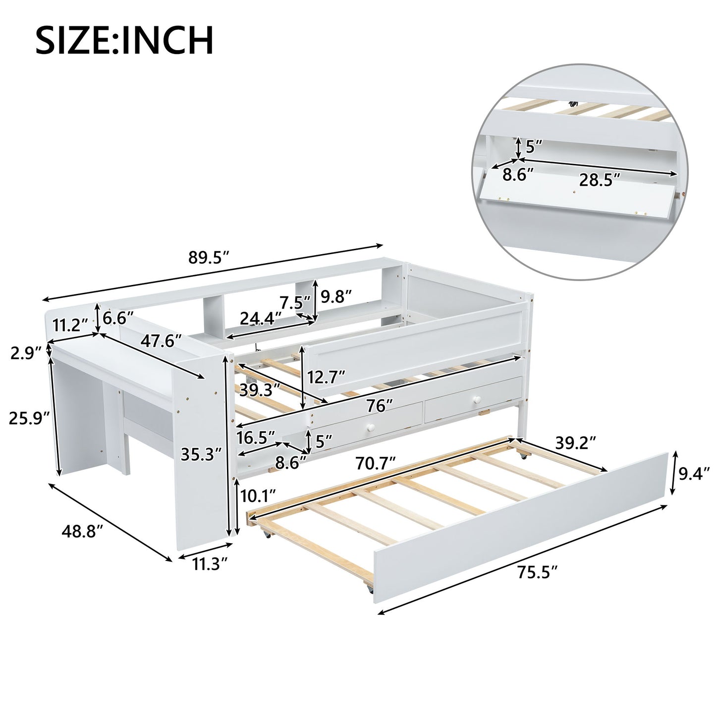 Twin Daybed With Drawers, Trundle, Headboard Storage, Study Desk, And USB Charging Station - White - The Sleep Loft - Online Mattress Showroom NYC