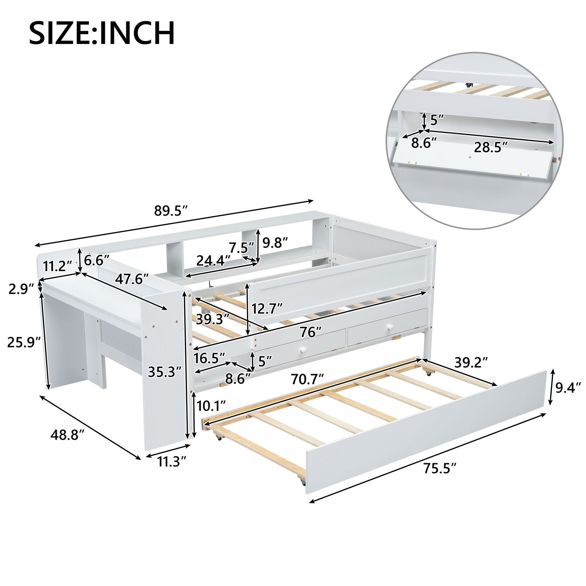 Twin Daybed With Drawers, Trundle, Headboard Storage, Study Desk, And USB Charging Station - White - The Sleep Loft - Online Mattress Showroom NYC