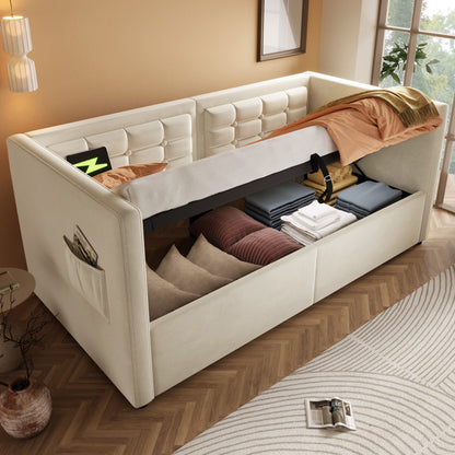 Upholstered Hydraulic Storage Daybed With USB & Type C Charging - The Sleep Loft - Online Mattress Showroom NYC